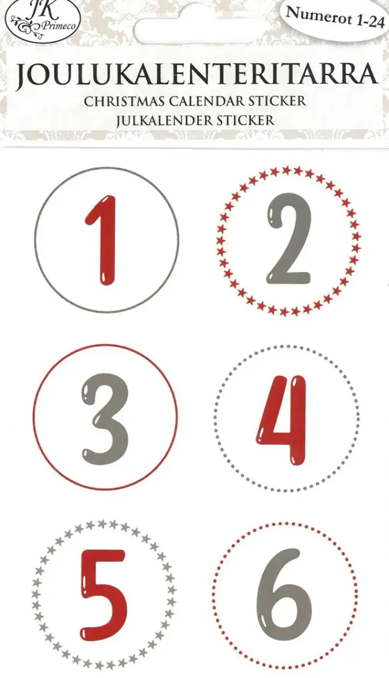 J.K. Primeco Askartelutarvikkeet<Joulukalenteritarra Numerot Punaharmaa 4 Ark